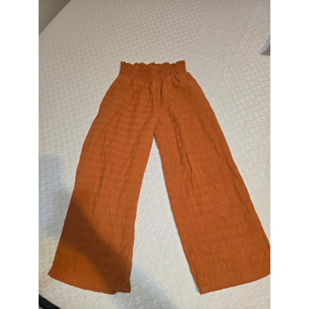 Aerie Womens XS Burnt Orange Smocked High Waist Textured Wide Leg Pants
